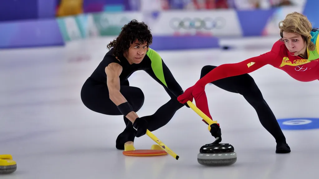 Image similar to a neanderthal participating in the olympics 2 0 2 4, posing for curling