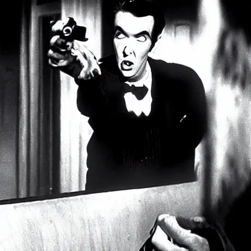 Image similar to scene from the horror picture show with james stewart!!!! james stewart!!!! is acting surprised and holds a revolver