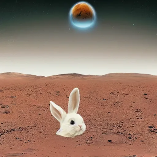 Prompt: photo of a cute bunny crossing dimensionnal portal on mars, realistic,