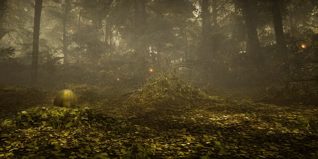 Prompt: a close shot to a mysterious relic in the middle of the forest, night, fireflies unreal engine 5, depth of field, rule of thirds, contest winner, cgsociety, brilliant colors, colorful