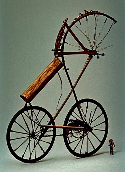 Prompt: realistic photo of a a medieval ritual astronomy appliance bicycle, made of wood white clay black plastic 1 9 9 0, life magazine reportage photo, natural colors, metropolitan museum collection