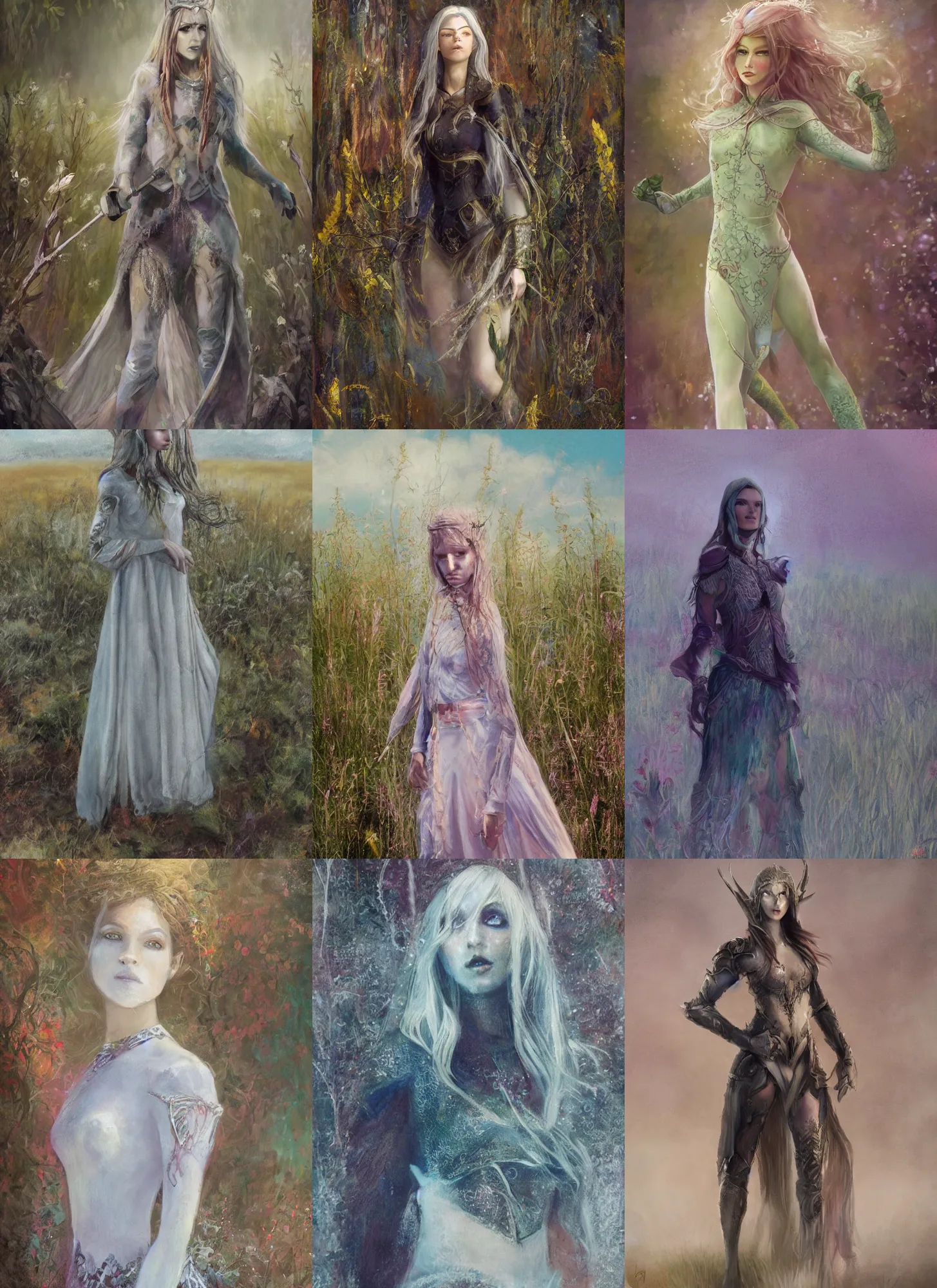 Prompt: a soft focus pastel canvas painting of beautiful full body concept art, beautiful face, elven female rogue wearing full intricate clothing standing in a field, dystopian, soft lighting, micro detail