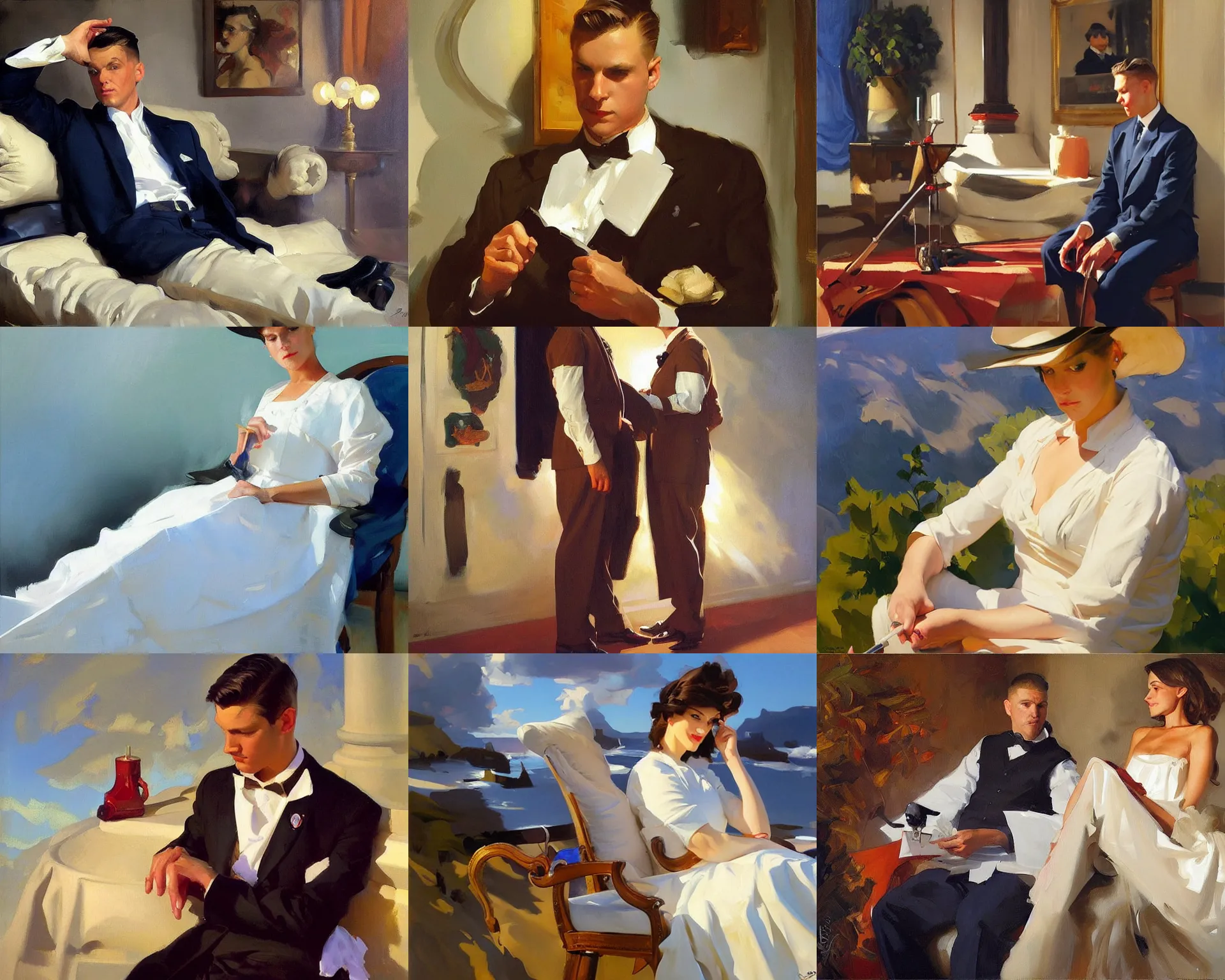 Prompt: painting by sargent, rhads, leyendecker, greg hildebrandt