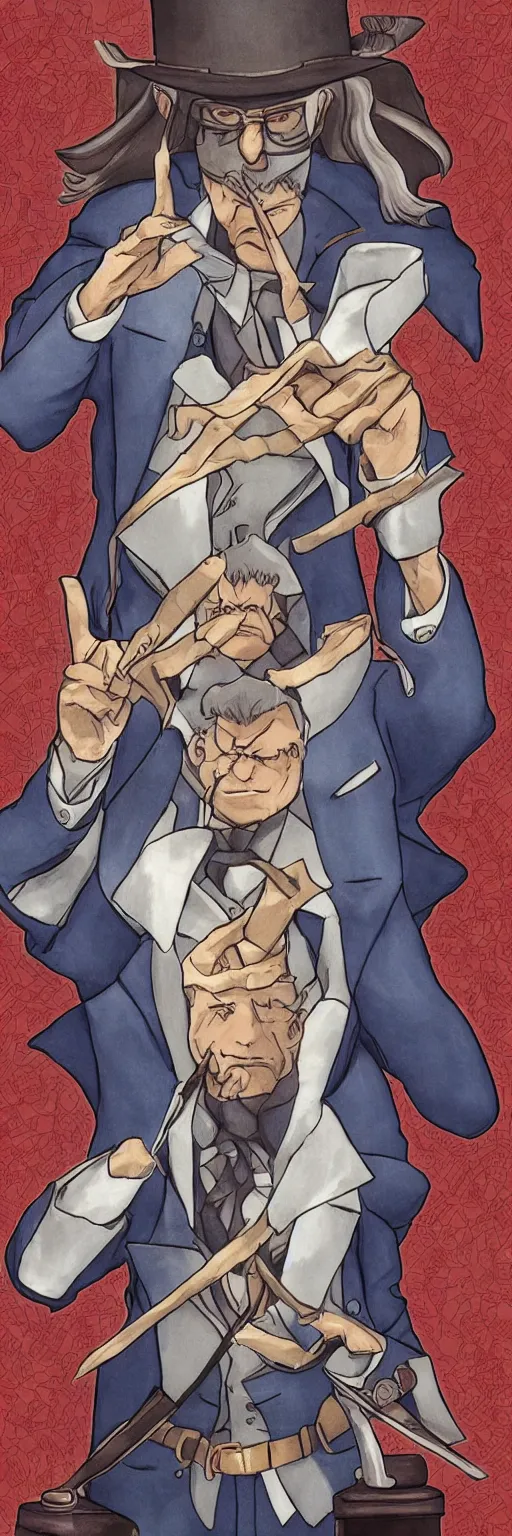 Image similar to the judge from Ace Attorney with a beam scale in one hand. Tarot card Justice, impressive art, detailed, single subject, high quality