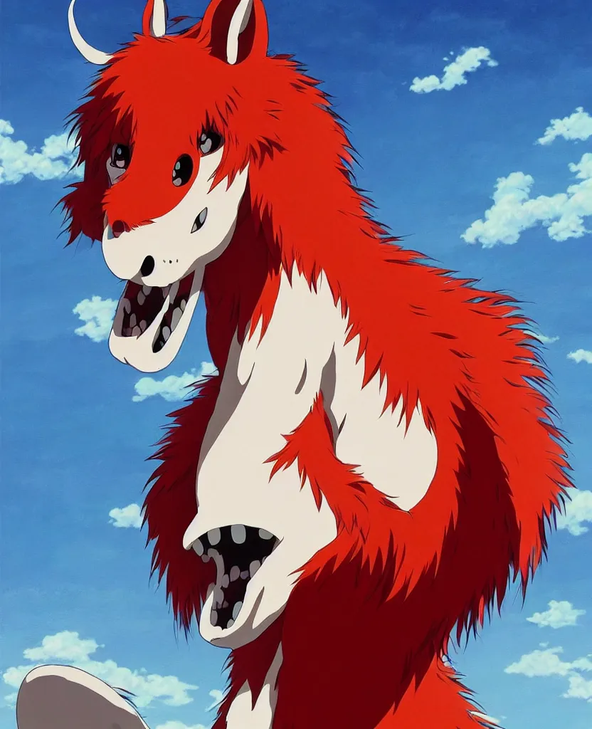 Prompt: beautiful painting from the anime film by studio ghibli, red anthropomorphic furry horse human hybrid, drooling, fur, trending on artstation