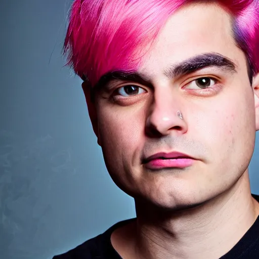 Image similar to Detailed portrait of Ben Shapiro with pink hair and piercing, 8k, realistic, 50mm photograph