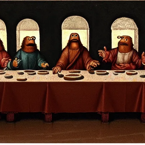 Prompt: high quality ,the last supper but with charaters from the Muppets ,in leonardo da vinci style