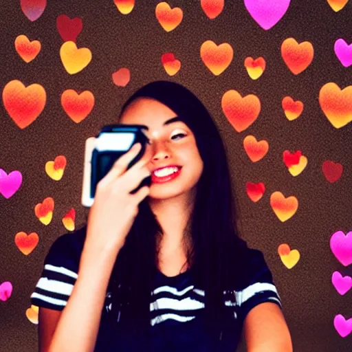 Prompt: “portrait of a young girl taking a selfie with heart emojis floating around”