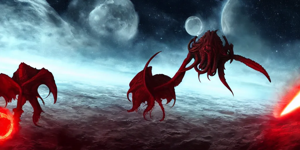 Prompt: giant <Cthulhu> silhouetted lunar surface crushing attacking red spaceship fighter with explosion, photorealistic, wide-angle, long shot, epic, space, lunar backdrop