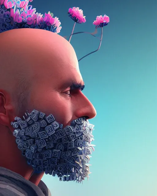 Image similar to a realistic ultradetailed digital painting of a man with flowers in his beard, profile, sharp detail, cyberpunk art by beeple, behance contest winner, retrofuturism, voxel art, # pixelart, dystopian art