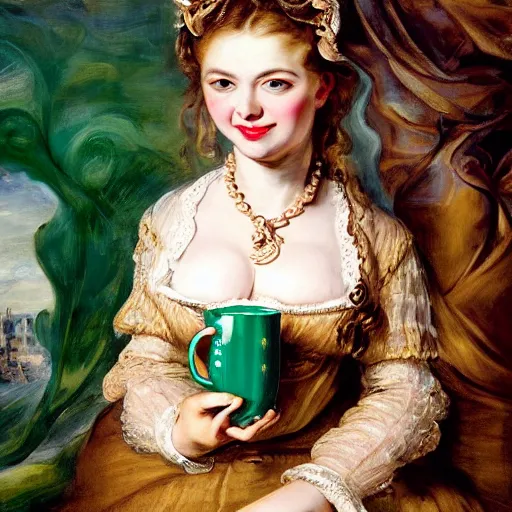 Image similar to heavenly summer sharp land sphere scallop well dressed lady holding a starbucks coffee cup, auslese, by peter paul rubens and eugene delacroix and karol bak, hyperrealism, digital illustration, fauvist, starbucks coffee cup green logo