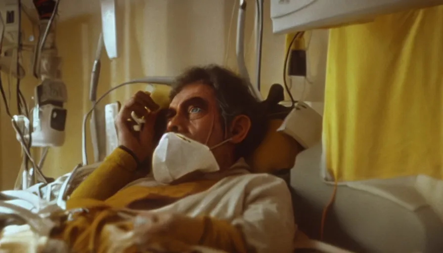 Image similar to 70s movie still of a man wearing gold spiral mask in hospital, eastmancolor, heavy grain, high quality, higly detailed, liminal space