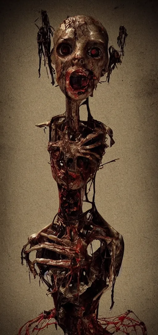 Image similar to old (((rotting))) mannequin staring at center of screen with ((((wide large eyes)))), horror art, body horror, disturbing, intense, artstation, dramatic, scary, 4K, realistic, dark,