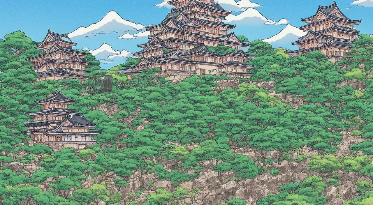 Image similar to a Japanese castle, with a garden as foreground, with mountains as background, in the style of anime, by studio Ghibli