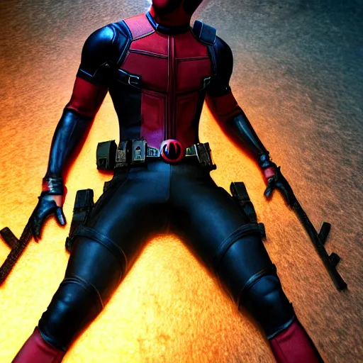 Image similar to full body pose, hyperrealistic photograph of deadpool, dim volumetric lighting, 8 k, octane beautifully detailed render, extremely hyper detailed, intricate, epic composition, cinematic lighting, masterpiece, trending on artstation, very very detailed, stunning, hdr, smooth, sharp focus, high resolution, award, winning photo, dslr, 5 0 mm