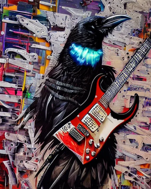 Prompt: a portrait of an anthropomorphic cyberpunk raven shredding an electric guitar as the guitar melts by sandra chevrier, by jon foster, detailed render, tape deck, epic composition, cybernetics, 4 k realistic, cryengine, realistic shaded lighting, sharp focus, masterpiece, by enki bilal