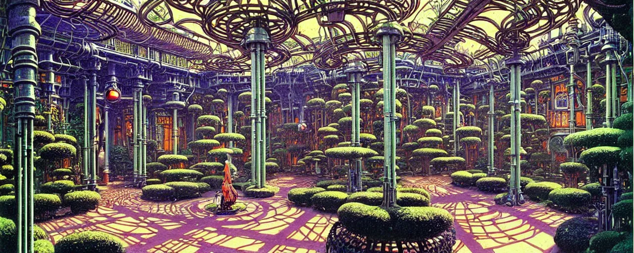 Image similar to a luxurious scifi futuristic victorian garden courtyard by robert mccall, killian eng, moebius, philippe druillet