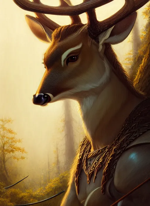 Image similar to a film still portrait of a deer elven archer, finely detailed features, cinematic lighting, perfect art, brian jacques redwall woodland, forest, intricate, artstation, trending on pixiv fanbox, painted by brian jacques greg rutkowski, studio ghibli, fantasy, 4 k