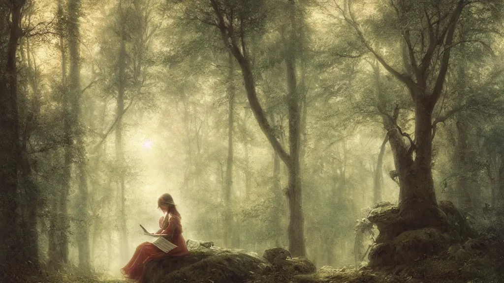 Image similar to girl reading on stump in the magical forest. andreas achenbach, artgerm, mikko lagerstedt, zack snyder, tokujin yoshioka, impressionist