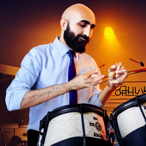 Image similar to bald arab guy with a beard playing on a professional drum kit, extremely detailed, realistic, soft lighting