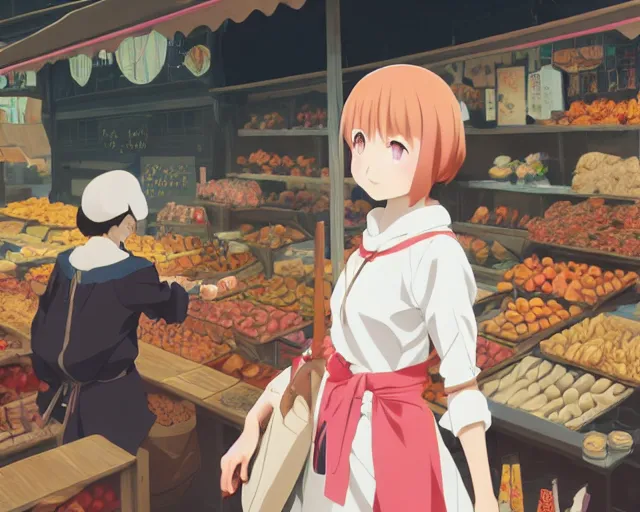 Image similar to anime visual, portrait of a young female traveler in an open medieval market shopping, cute face by yoh yoshinari, katsura masakazu, cool studio lighting, dynamic pose, dynamic perspective, strong silhouette, anime cels, ilya kuvshinov, cel shaded, crisp and sharp, rounded eyes, moody