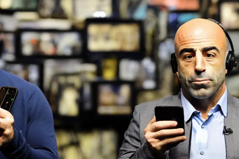 Prompt: joe rogan checking his phone, nervous