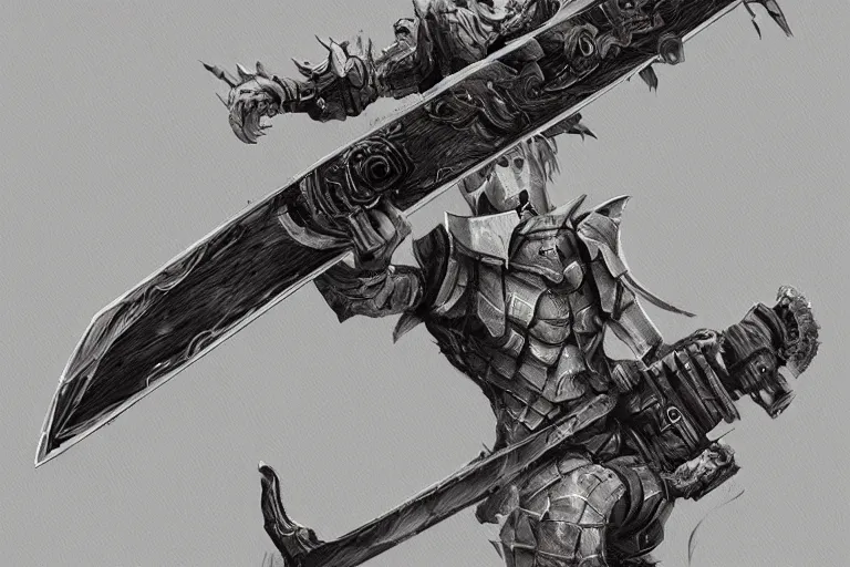 Image similar to chainsaw sword, weapon concept art, heavy linework, painterly, trending on artstation