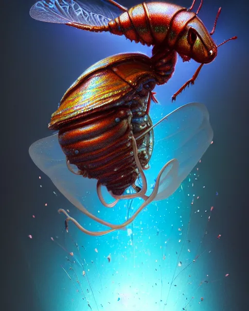 Image similar to dichroic ant axolotl snail bug bee fly worm caterpillar fish, (((artstation, concept art, smooth, sharp focus, artgerm, Tomasz Alen Kopera, Peter Mohrbacher, donato giancola, Joseph Christian Leyendecker, WLOP, Boris Vallejo))), octane render, unreal engine, 3d render, , octane render, nvidia raytracing demo, grainy, muted