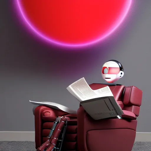 Image similar to futuristic studious matte brown and red and chrome full-body humanoid robot with two huge round expressive sad purple glowing LED eyes and open rectangular mouth sitting on a large comfortable cushioned 1950s vintage recliner reading a newspaper. open newspaper. Cinematic Movie Photograph, Arri Alexa, Extremely Detailed, smooth, very very clean, 8K, octane render, maya render, unreal engine, trending on artstation, DSLR, excellent composition, center frame