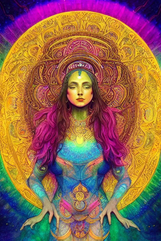 Image similar to beautiful goddess of space and dreams, mandala, coherent design, symmetrical, vivid colors, digital watercolor ink illustration painting, complementary color, golden ratio, detailed, sharp lines, sharp focus, intricate, rainbowshift, artgerm, gustave dore, maxfield parrish, alphonse mucha, octane render