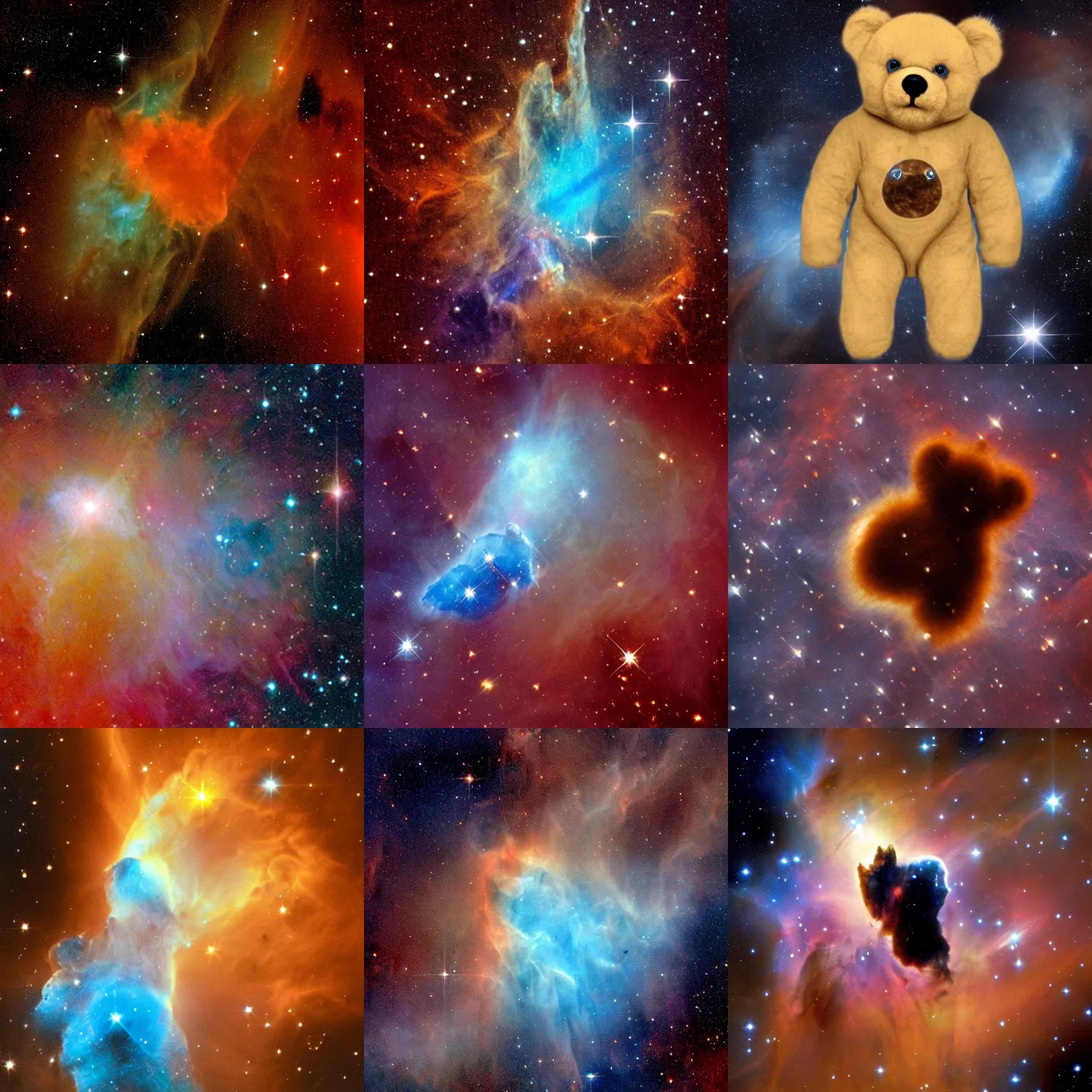 Prompt: hubble space telescope image of a nebula in the shape of a teddy bear