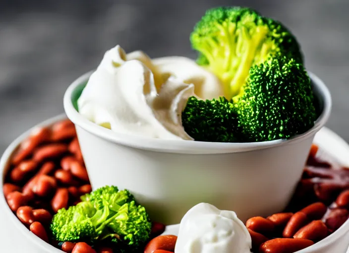 Prompt: food photo still of paper cup of soft serve swirled frozen yogurt topped with baked beans and broccoli, 8 5 mm f 1. 8