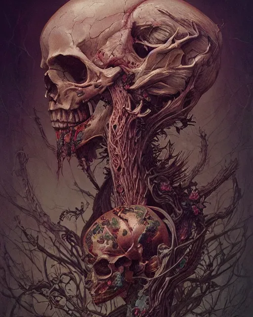 Image similar to a beautiful detailed front view of a dead rotten skull with ornate growing around, ornamentation, sculpture, elegant, beautifully soft lit, by wayne barlowe, peter mohrbacher, kelly mckernan