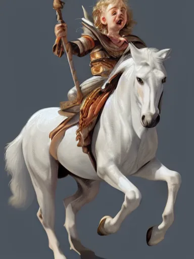 Prompt: the sun. a happy todler, riding a white horse. intricate, elegant, highly detailed, digital painting, artstation, concept art, sharp focus, illustration, by justin gerard and artgerm, 8 k