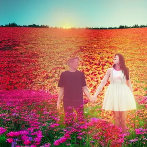 Image similar to a couple holding hands in a field of flowers, symmetrical face, beautiful, vfx, photo realistic, 8 k, aesthetic