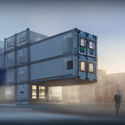 Image similar to architectural render of glowing sci fi container alongside a modern hospital in a pleasant urban setting, day - time, harsh light, award - winning, high res, 4 k, artstation