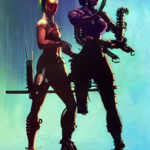 Prompt: An android wielding two katanas in a cyberpunk setting by Frank Frazetta, Trending on Artstation, 1980s computer graphics,