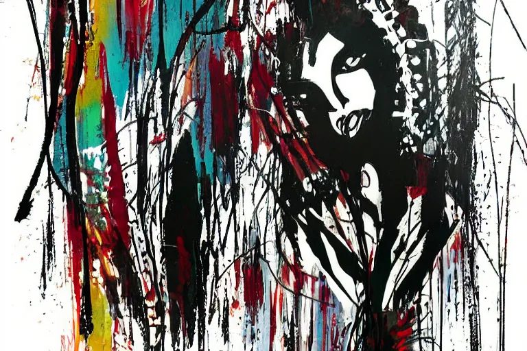 Image similar to abstract background for the winter. tribal dance theme. modern design, painting for a wall, post - apocalyptic art deco print. ink brush strokes, brushes, lines, woman silhouette, grungy. dirty artistic elements. acrylic art, in the style of danny mcbride and / or knyazev konstantin