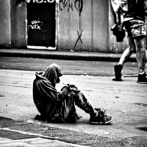 Prompt: candid photo of a real life homeless dirty minion living on the street, bum photography, detailed portrait shot, 35mm, lens, sony a7z, moody, sad, flickr, hyper realistic, real life, 4k, UHD