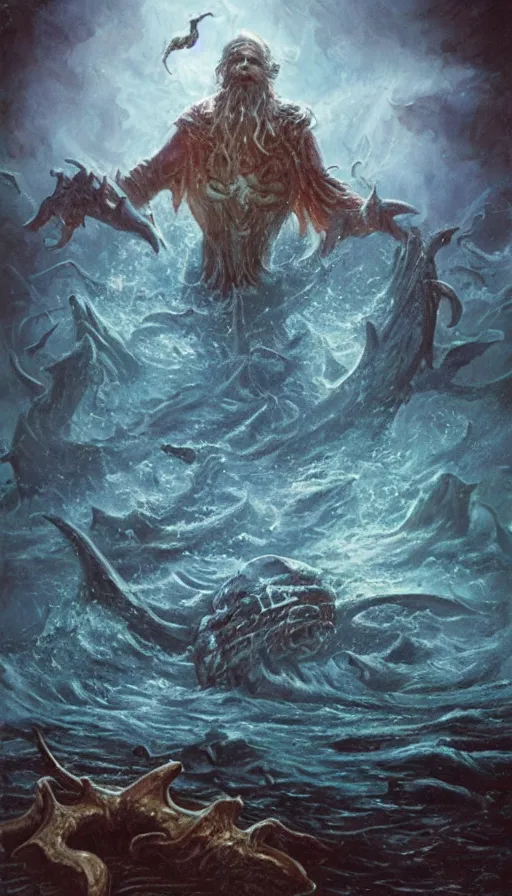 Prompt: man on boat crossing a body of water in hell with creatures in the water, sea of souls, from magic the gathering