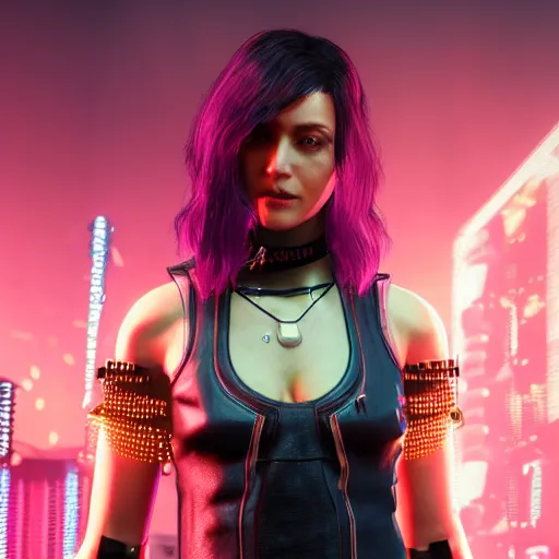 Prompt: female V from Cyberpunk 2077 wearing spiked choker, collar, 4K