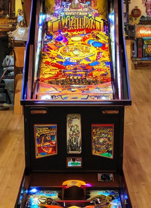 Image similar to a wide complex fancy wooden pinball machine that has fancy artwork inside with lights and pinball bumpers, wizard themed, front-view, disir photo