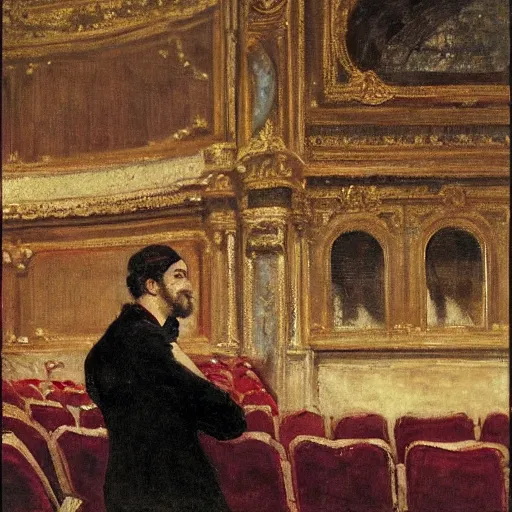 Image similar to a young man watching an actress on stage in an old theater, by alfred stevens