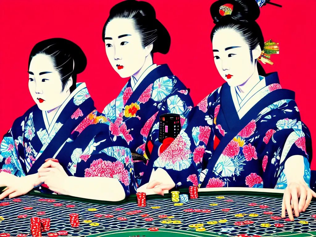 Image similar to hyperrealistic composition of the detailed woman in a japanese kimono sitting at a extremely detailed poker table with hyperdetailed darth vader, fireworks, mountain fuji on the background, pop - art style, jacky tsai style, andy warhol style, acrylic on canvas