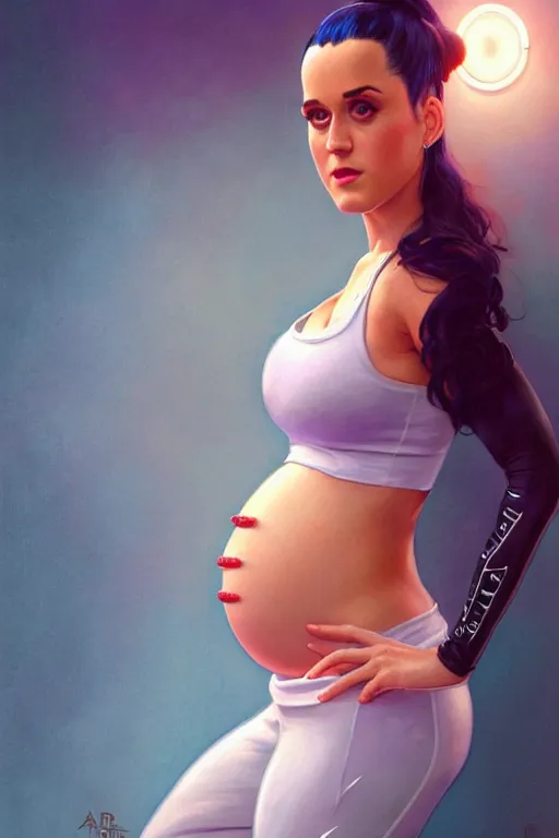 Image similar to pregnant katy perry in workout clothes, realistic portrait, symmetrical, highly detailed, digital painting, artstation, concept art, smooth, sharp focus, illustration, cinematic lighting, art by artgerm and greg rutkowski and alphonse mucha