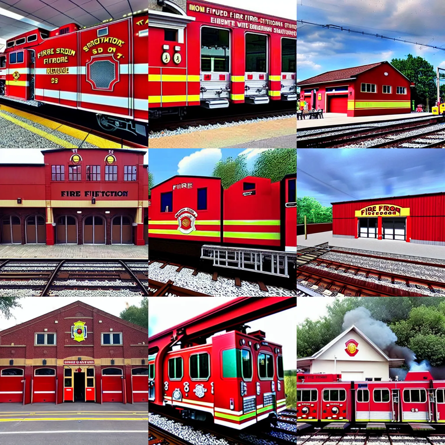 Prompt: a fire station, train!!!!!!!!!! inside it