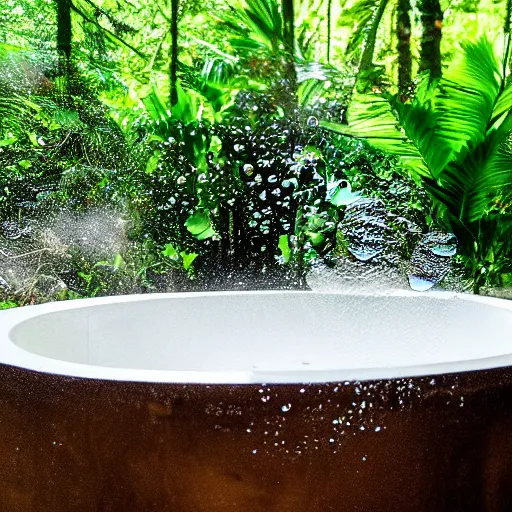 Prompt: pristine bath filled with bubbles in a clearfelled jungle, slash and burn