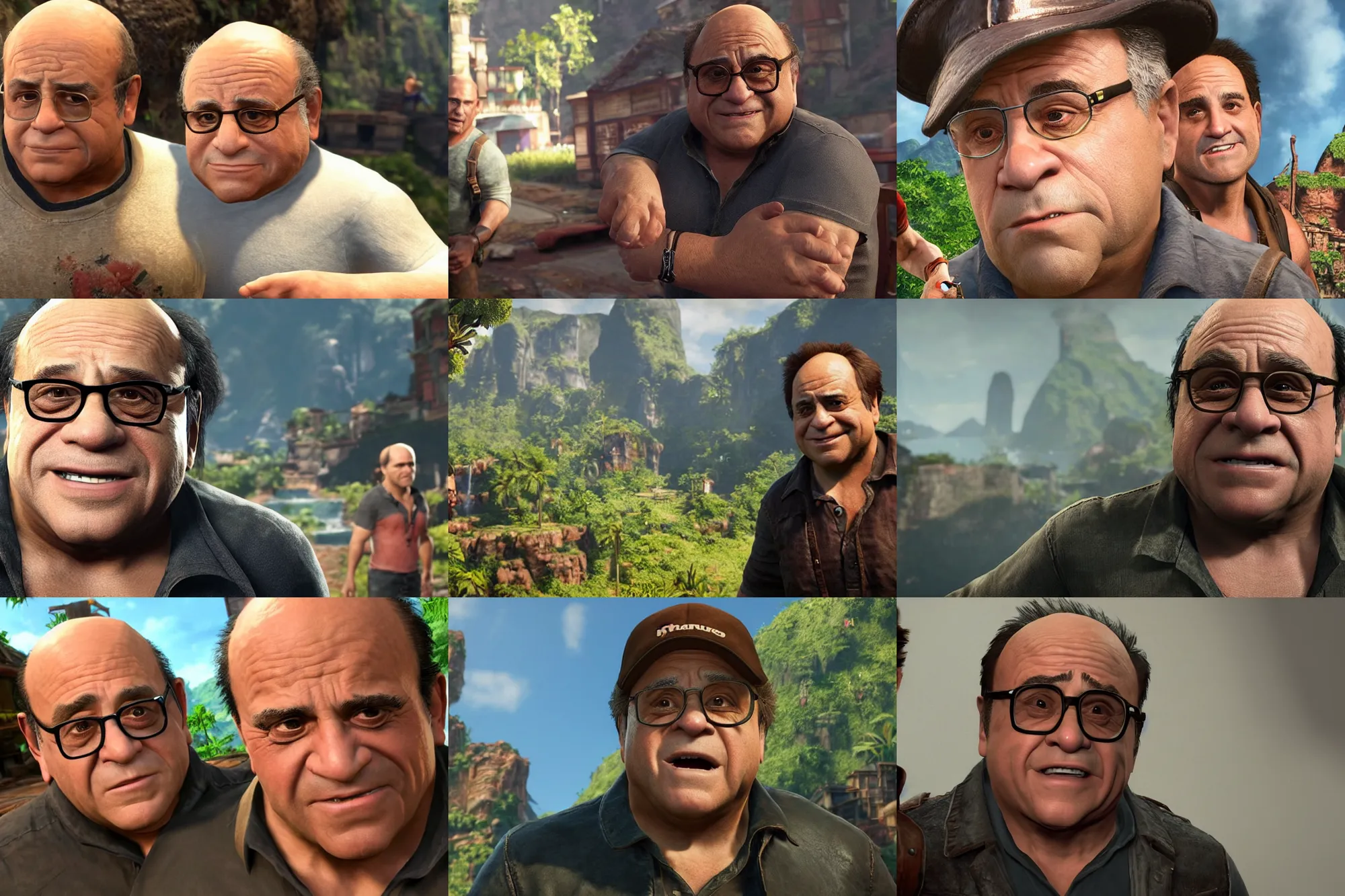 Prompt: a screenshot of danny devito in the video game uncharted 4. 3 d rendering. unreal engine. amazing likeness. very detailed. cartoon caricature.