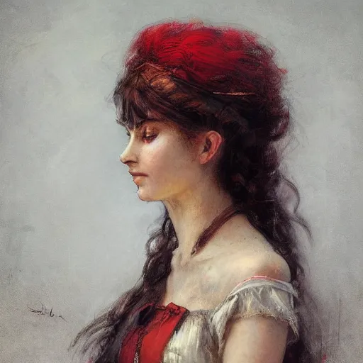 Image similar to Jean-Baptiste Monge and Solomon Joseph Solomon and Richard Schmid and Jeremy Lipking victorian genre painting portrait painting of a young beautiful woman marverl DC comic book character fantasy costume, red background