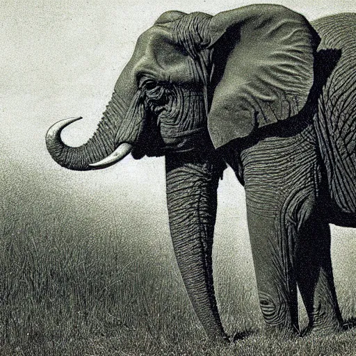 Image similar to Portrait of an elephant on a green meadow, style Franklin Booth